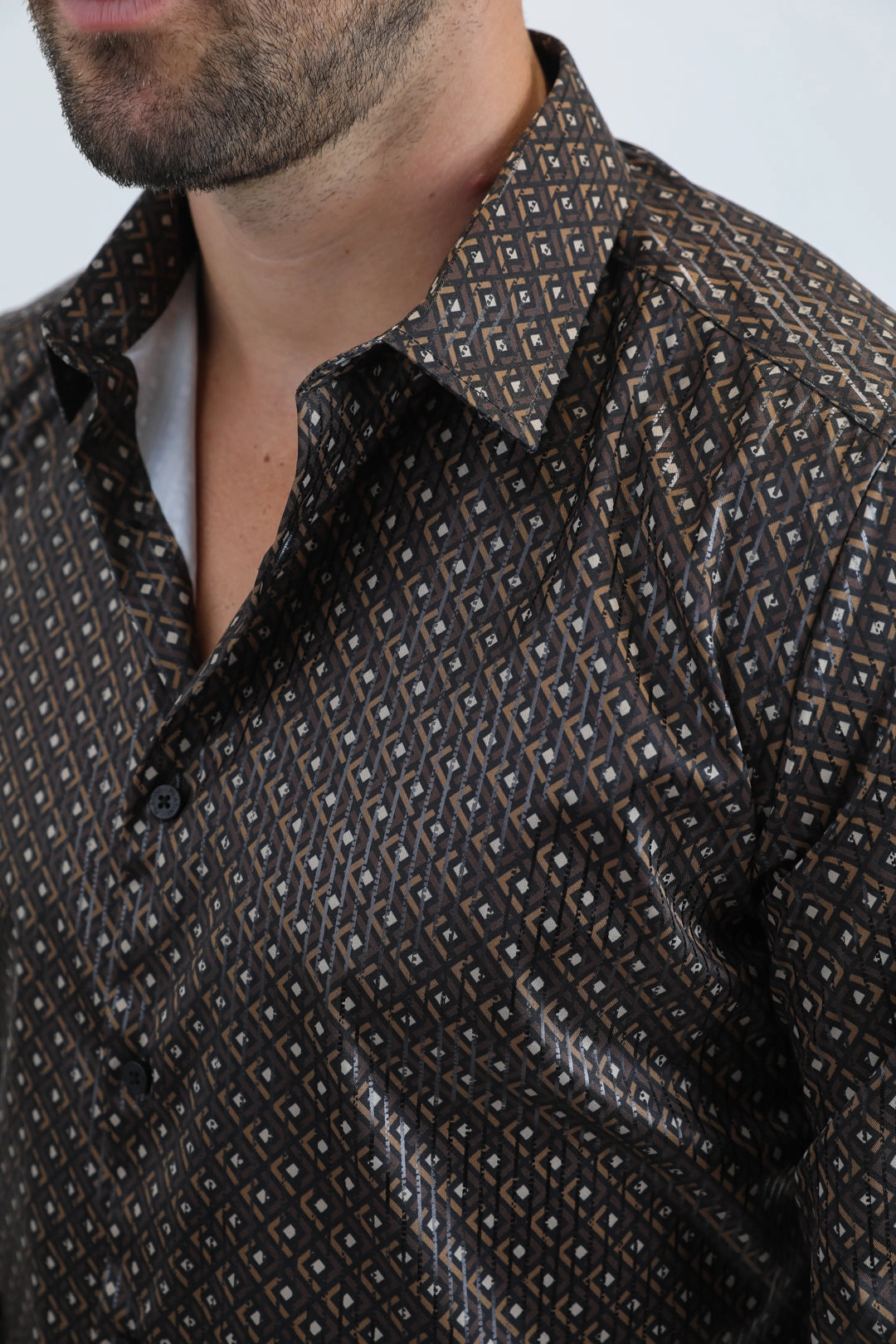 Designer Look Mens Modern Fit Stretch Foil Fashion Black Shirt