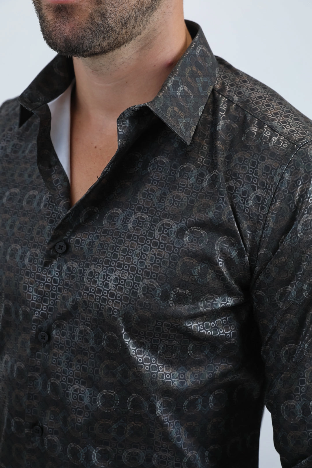 Mens Modern Fit Stretch Foil Fashion Black Shirt Adjustable Hem