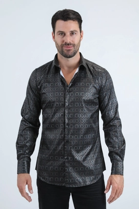 Mens Modern Fit Stretch Foil Fashion Black Shirt Geometric Pattern Wrinkle Free Care
