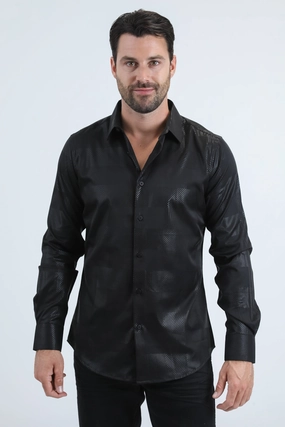 Mens Modern Fit Stretch Foil Fashion Black Shirt Essential Piece Tall Length