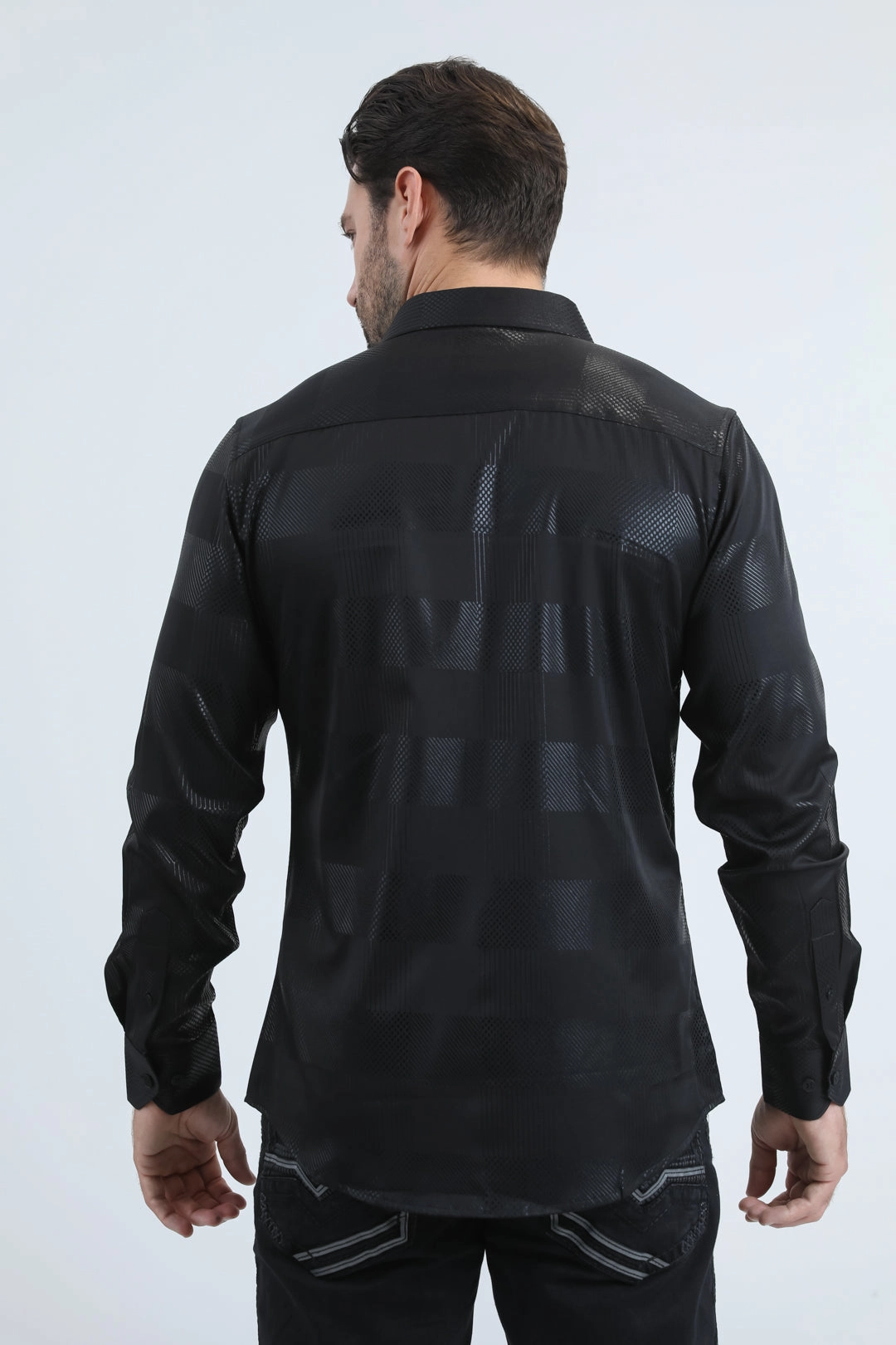 Flexible Mobility Low Maintenance Mens Modern Fit Stretch Foil Fashion Black Shirt