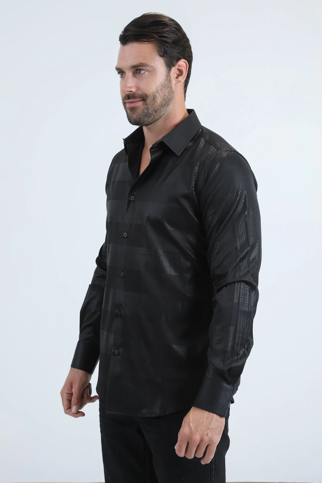 Mens Modern Fit Stretch Foil Fashion Black Shirt Cocktail Event Abrasion Resistant Edging