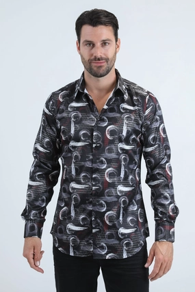 Mens Modern Fit Stretch Foil Fashion Black Shirt Active Layering