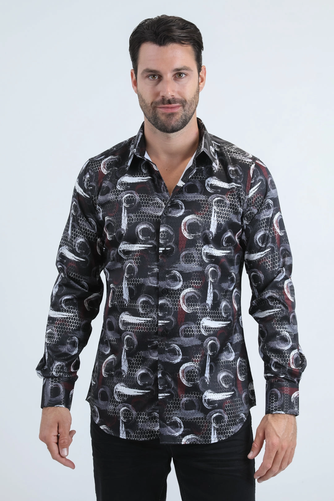 Mens Modern Fit Stretch Foil Fashion Black Shirt Active Layering