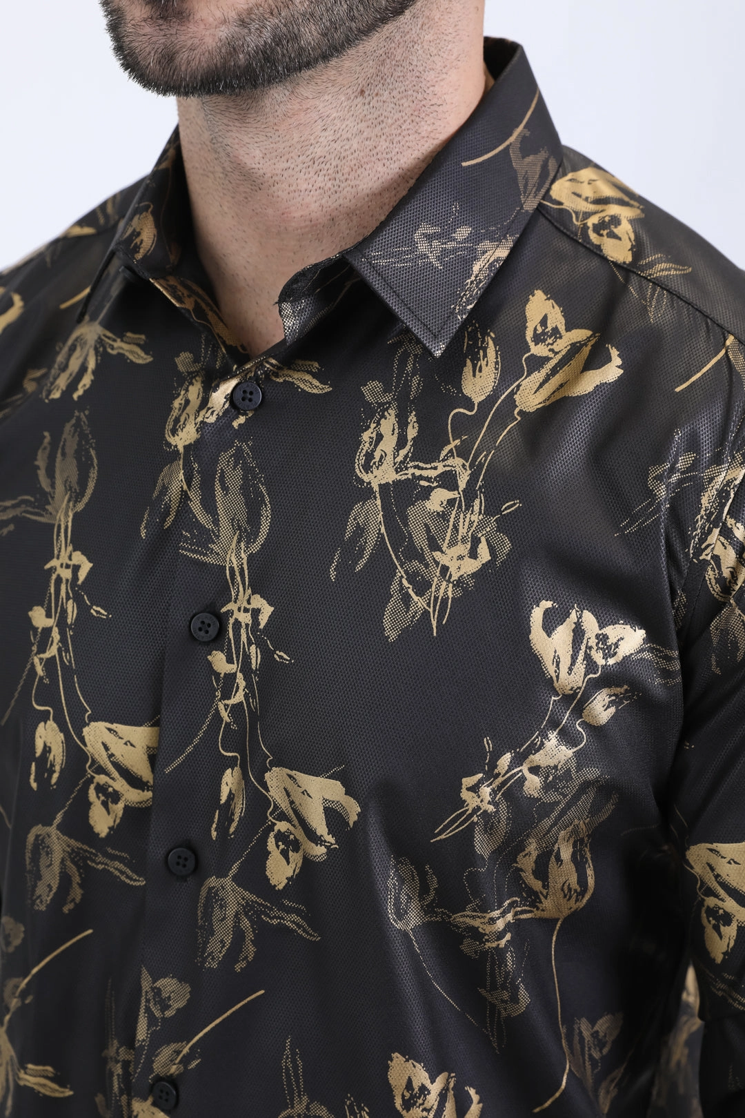 Iconic look Summer Fashion Mens Modern Fit Stretch Foil Fashion Black Shirt