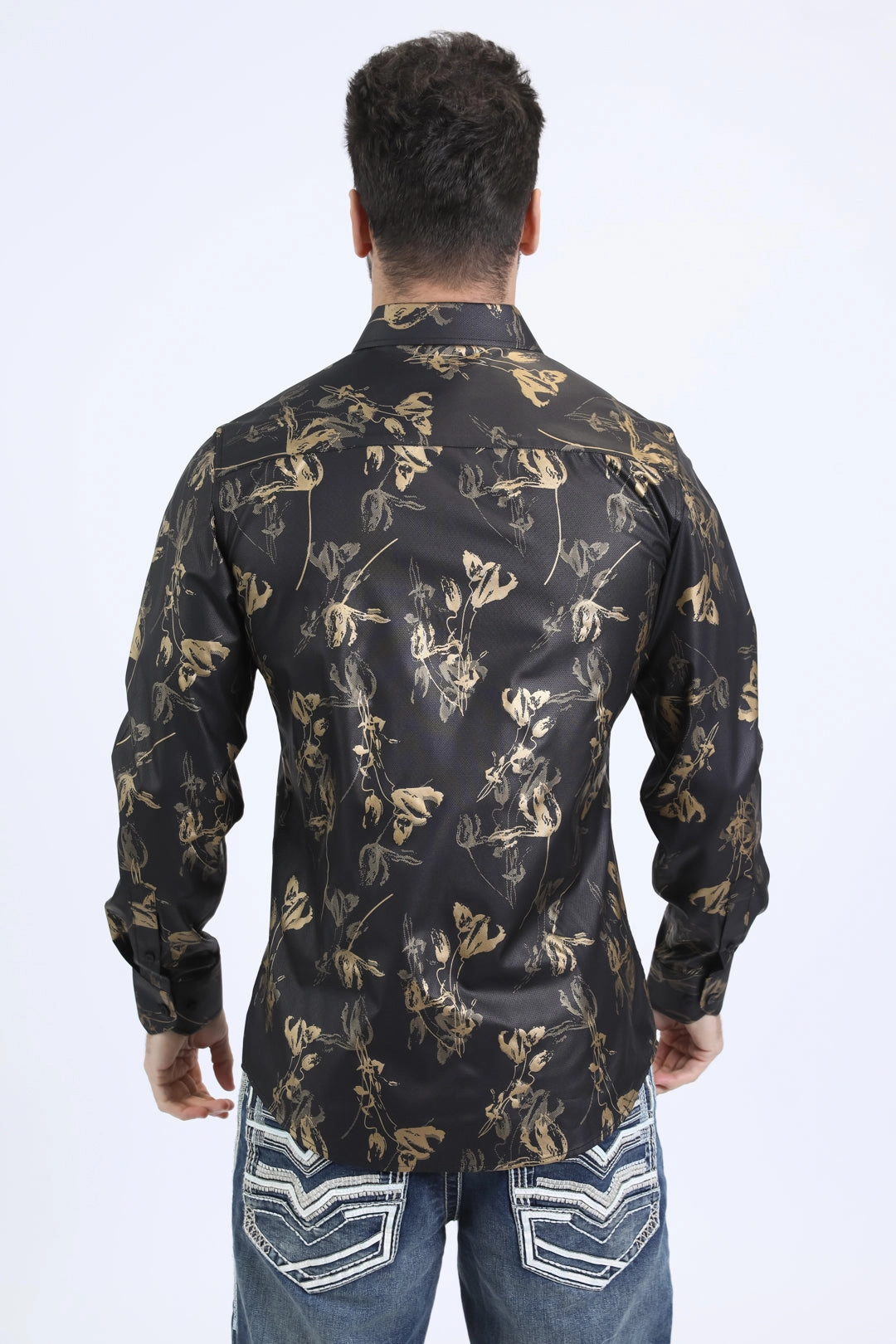 Mens Modern Fit Stretch Foil Fashion Black Shirt Fast Drying