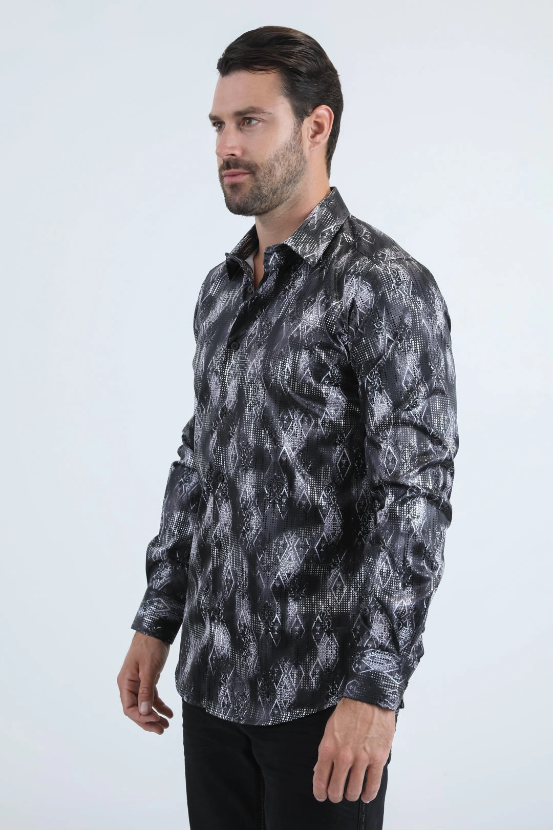 Mens Modern Fit Stretch Foil Fashion Black Shirt Quality Wear Tall Option