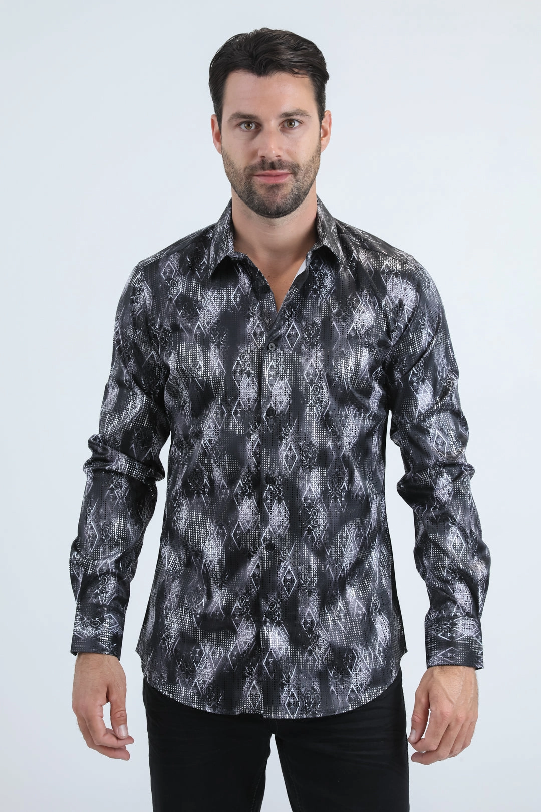 Bold Hue Sustainable Material Mens Modern Fit Stretch Foil Fashion Black Shirt