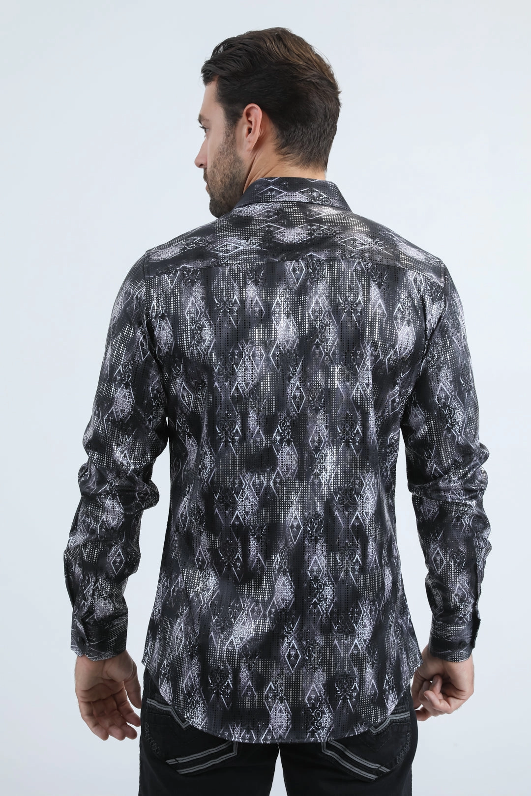 Seasonal Wear Mens Modern Fit Stretch Foil Fashion Black Shirt