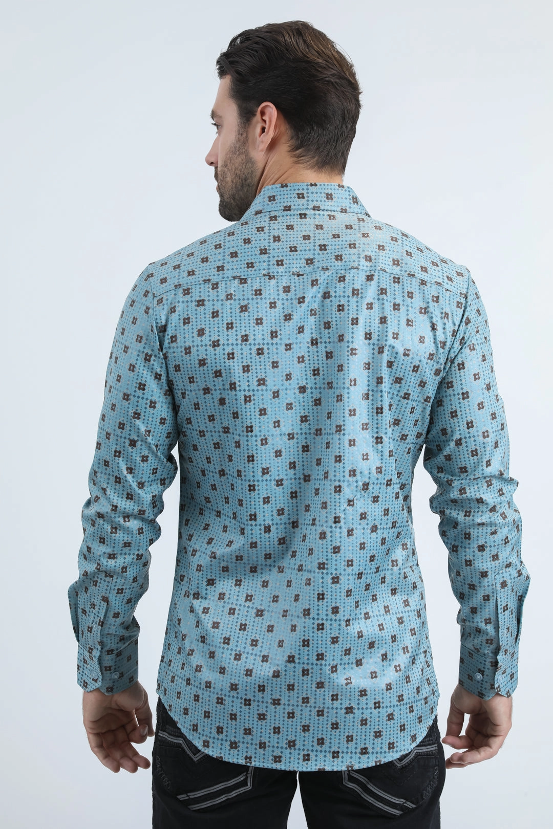 Mens Modern Fit Stretch Foil Fashion Blue Shirt Breathable back panel Double Needle Hemming