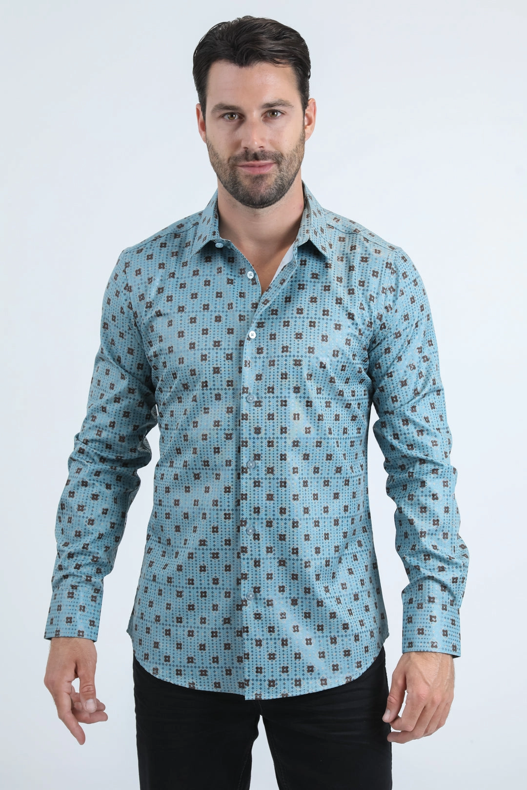 Breathable Lining Mens Modern Fit Stretch Foil Fashion Blue Shirt