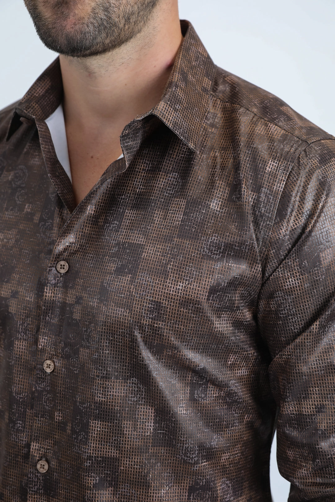 Multipurpose Utility Mens Modern Fit Stretch Foil Fashion Brown Shirt