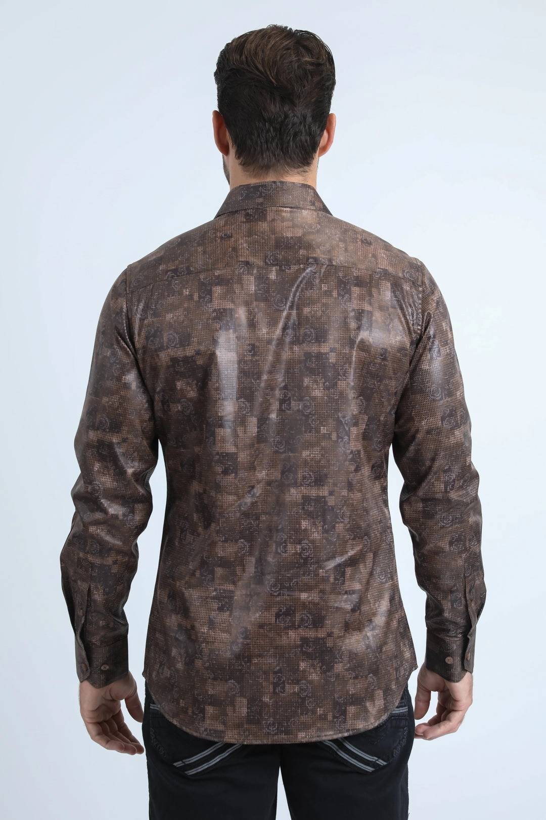 Mens Modern Fit Stretch Foil Fashion Brown Shirt Formal Elegance Versatile Layering Piece