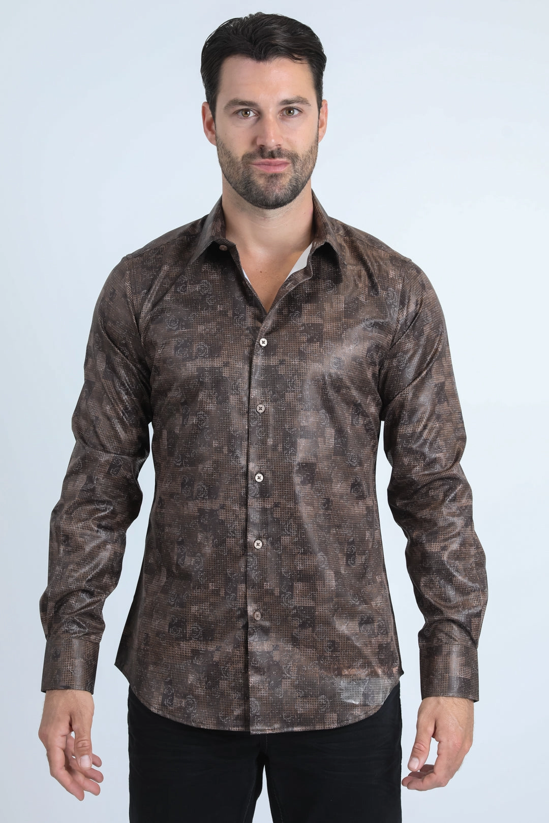 Mens Modern Fit Stretch Foil Fashion Brown Shirt Fashion staples Active Design
