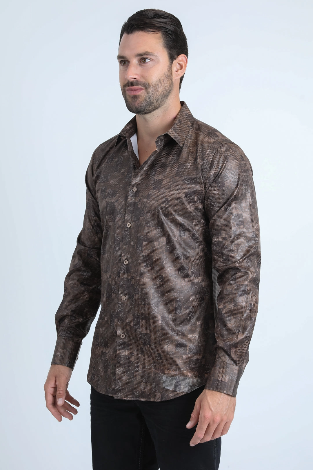 Mens Modern Fit Stretch Foil Fashion Brown Shirt Trendy Vibes