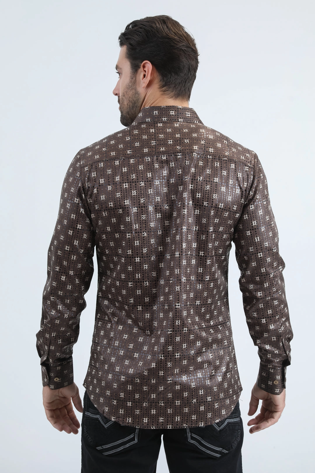 Sophisticated Elegance Mens Modern Fit Stretch Foil Fashion Brown Shirt