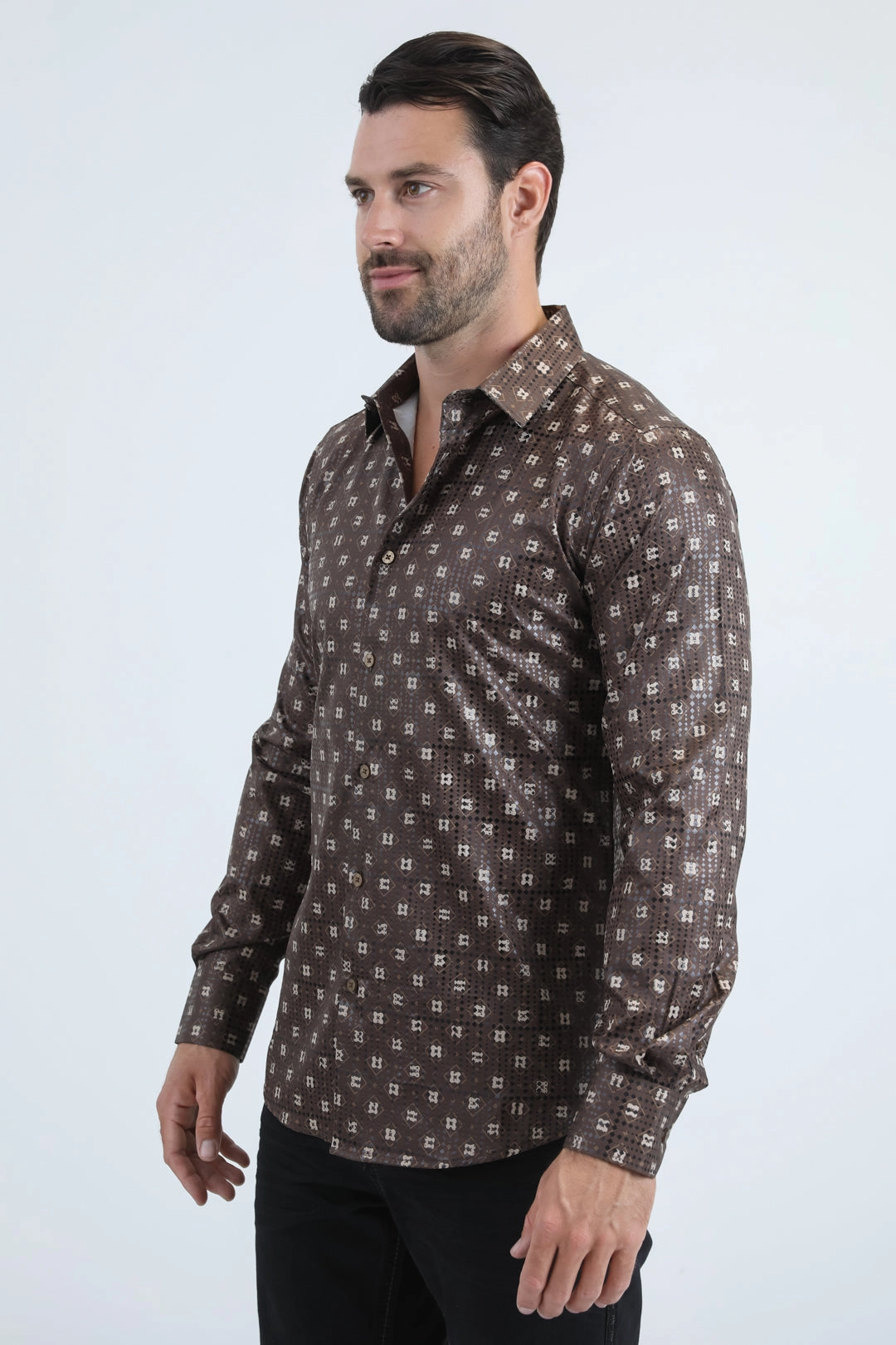 Mens Modern Fit Stretch Foil Fashion Brown Shirt Edgy style Abrasion Resistant Edges