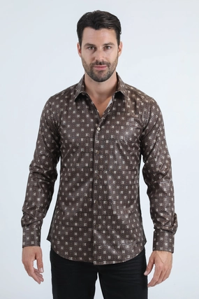 Mens Modern Fit Stretch Foil Fashion Brown Shirt Tagless Labeling Anti Static Treatment