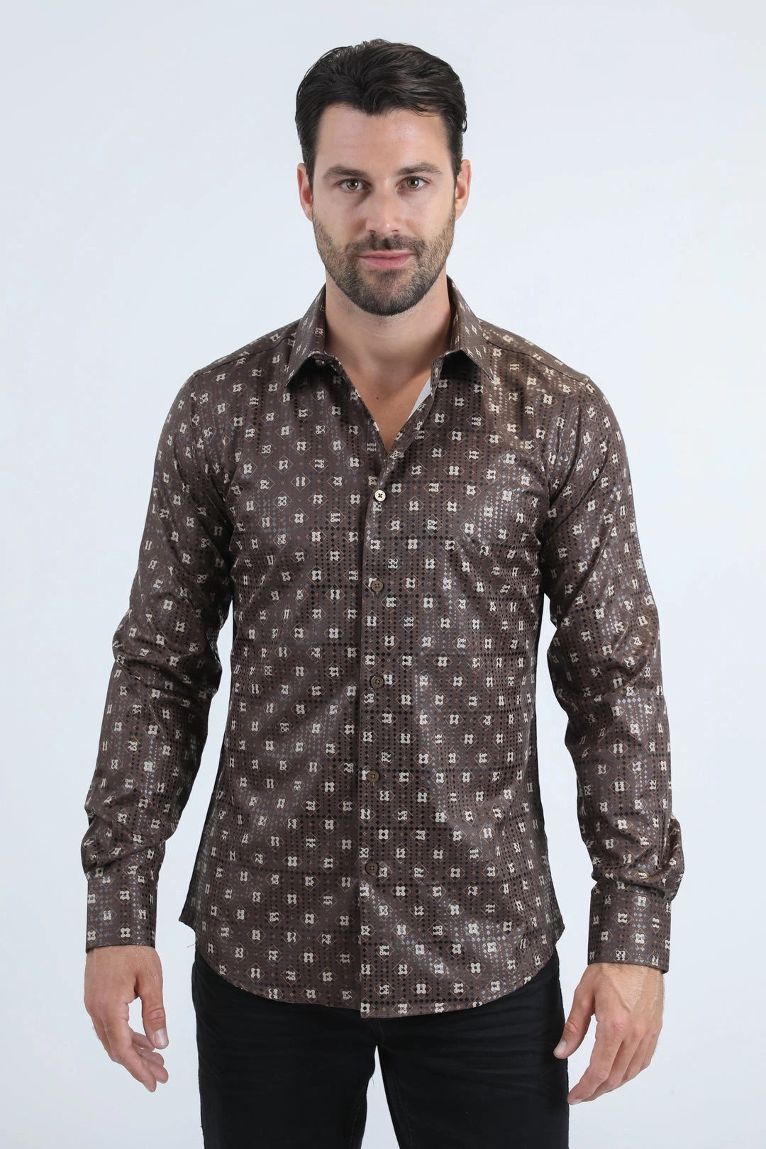 Mens Modern Fit Stretch Foil Fashion Brown Shirt Tagless Labeling Anti Static Treatment