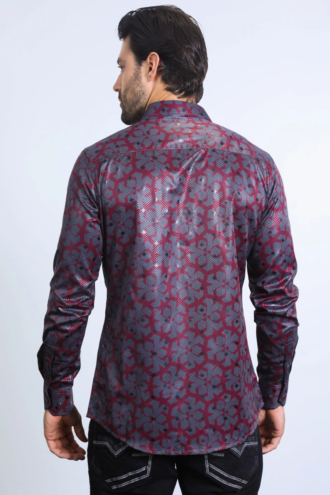 Breathable Design Seasonal Collection Mens Modern Fit Stretch Foil Fashion Burgundy Shirt