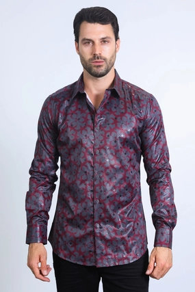 Unisex Design Effortless Comfort Mens Modern Fit Stretch Foil Fashion Burgundy Shirt