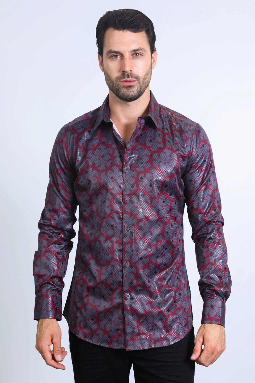Unisex Design Effortless Comfort Mens Modern Fit Stretch Foil Fashion Burgundy Shirt