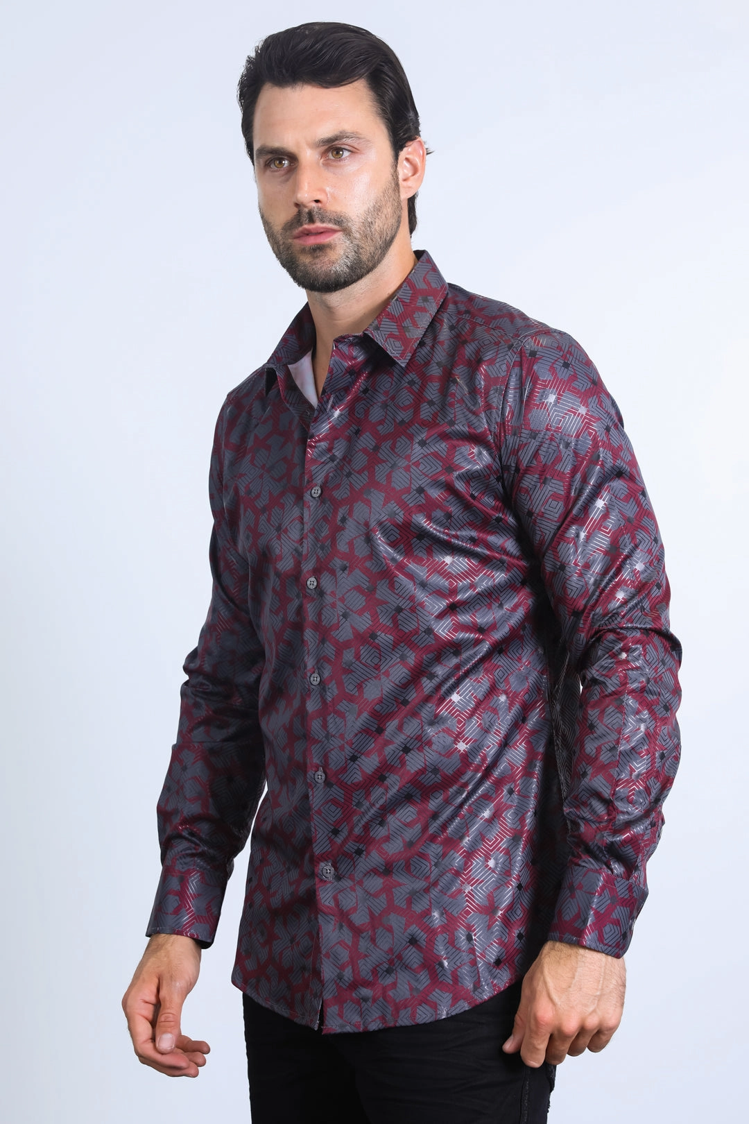 Mens Modern Fit Stretch Foil Fashion Burgundy Shirt Sustainable Material Modern Fit