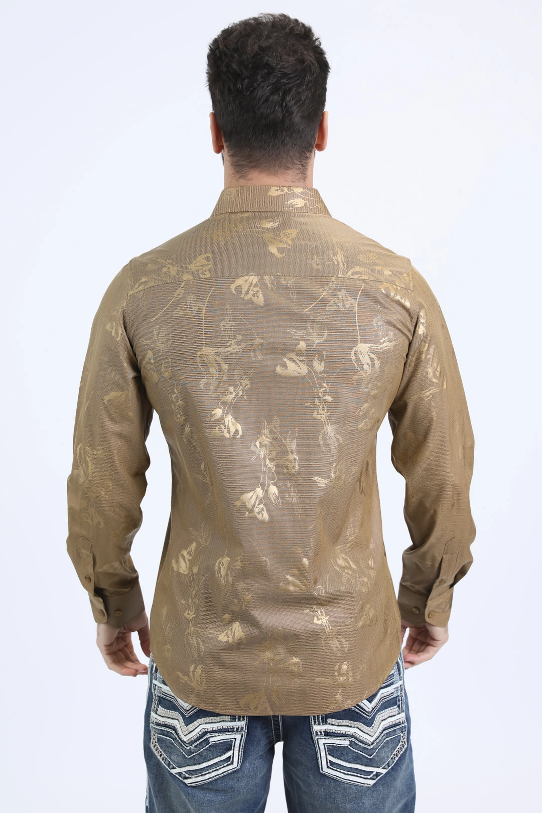Perfect Wear Mens Modern Fit Stretch Foil Fashion Gold Shirt