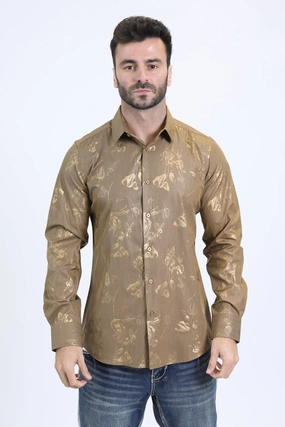 Mens Modern Fit Stretch Foil Fashion Gold Shirt Beach Wear