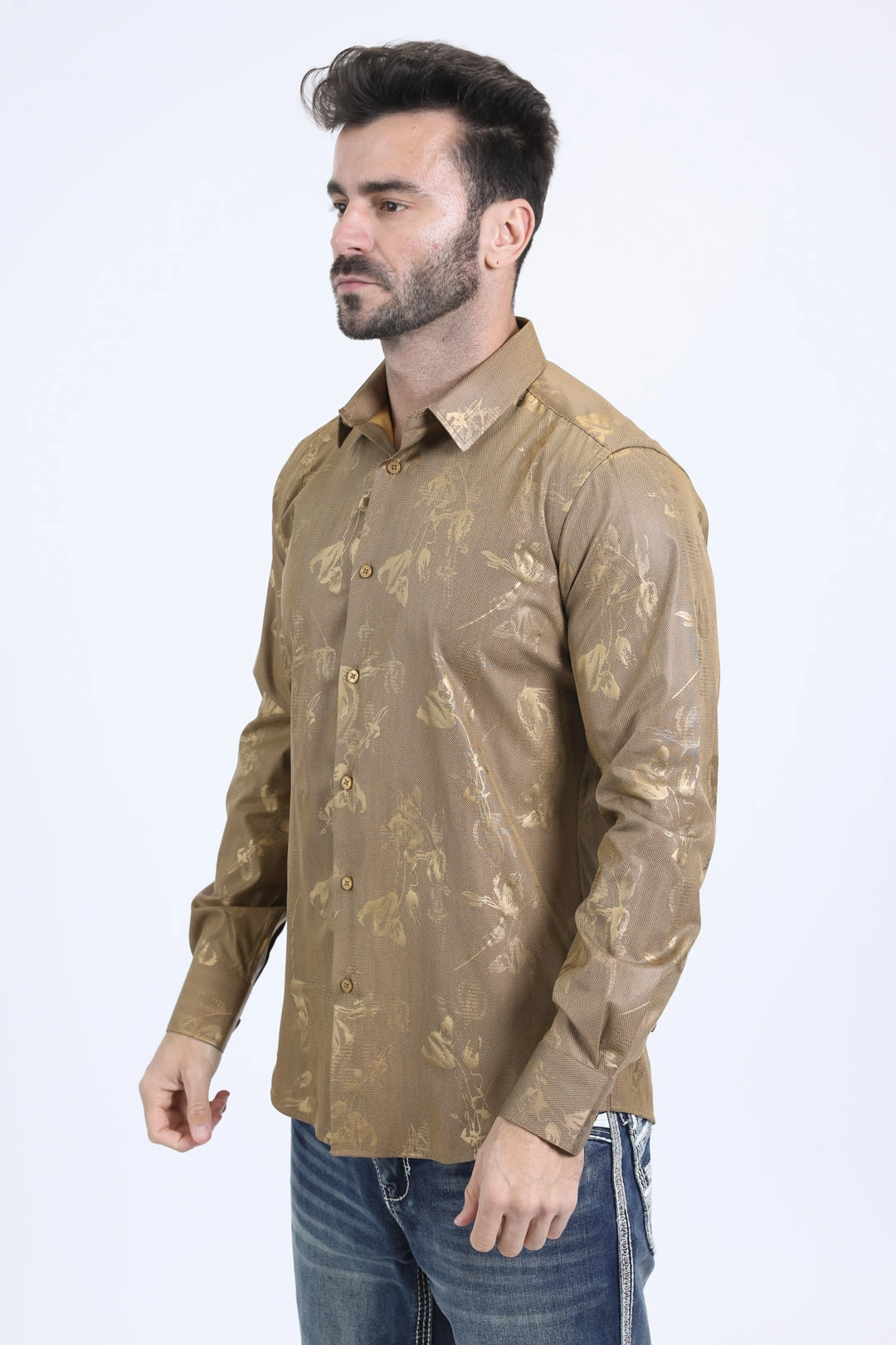 Mens Modern Fit Stretch Foil Fashion Gold Shirt Local Favorite Long Sleeve