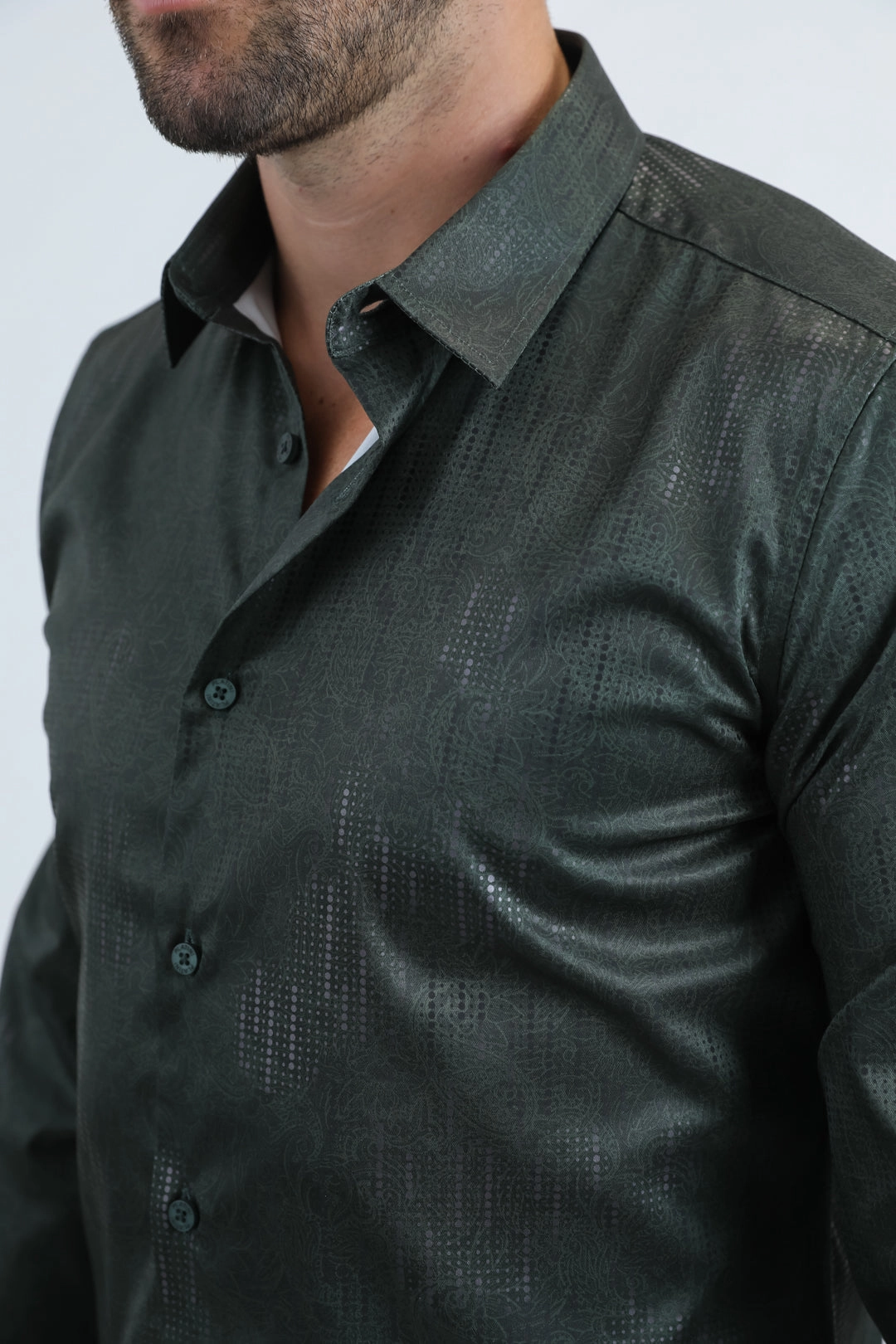 Split hem Boho chic Mens Modern Fit Stretch Foil Fashion Green Shirt