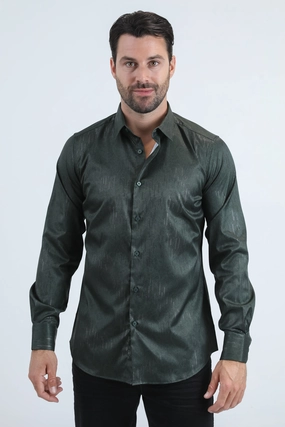 Mens Modern Fit Stretch Foil Fashion Green Shirt Mountain Escape Casual Hangout