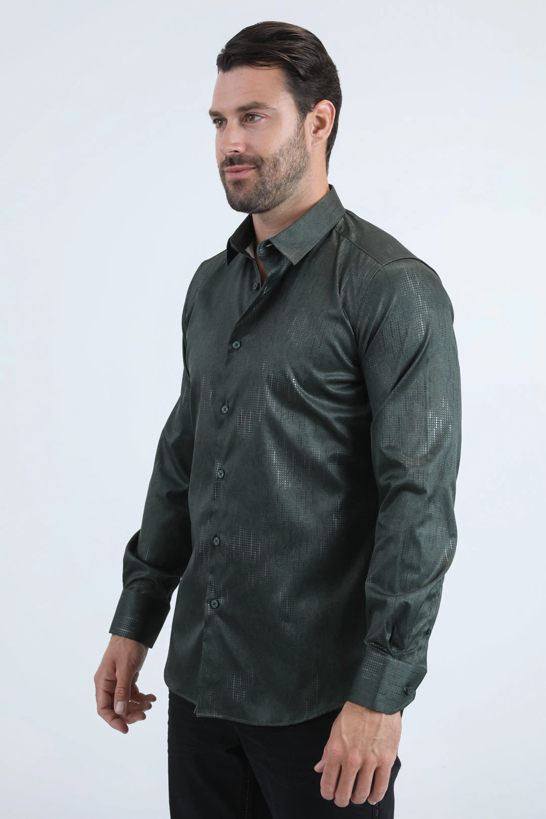 Mens Modern Fit Stretch Foil Fashion Green Shirt Casual Design Premium Quality