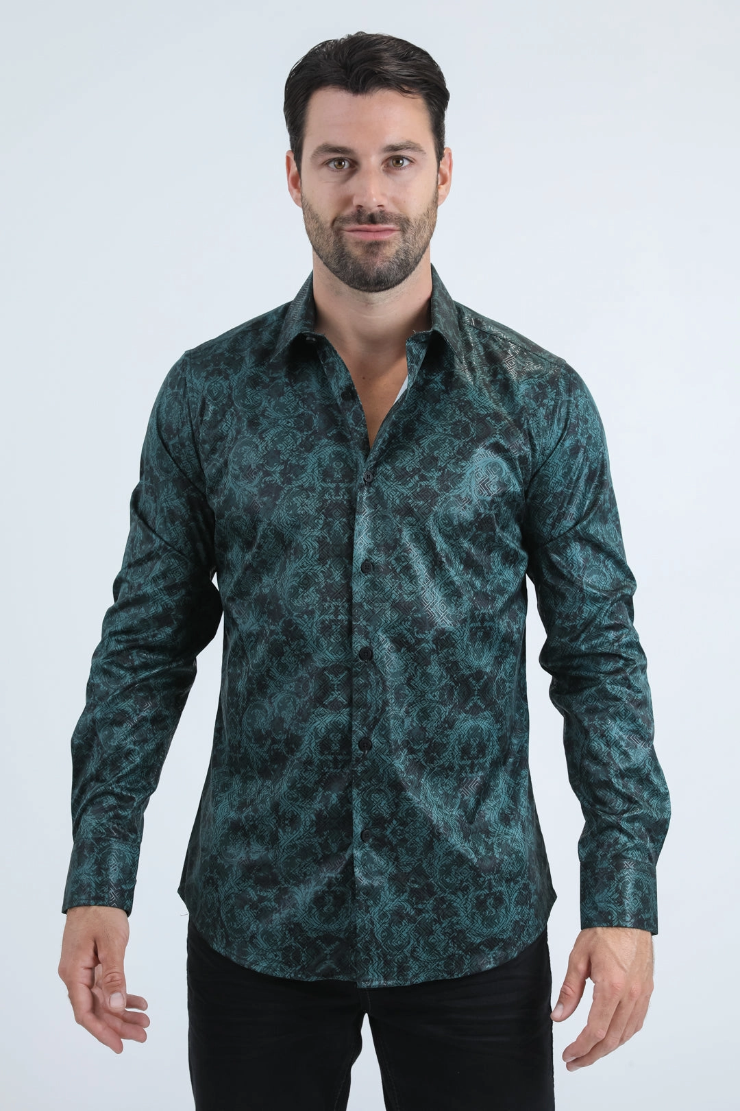 Premium Option Active Layer Mens Modern Fit Stretch Foil Fashion Green Shirt