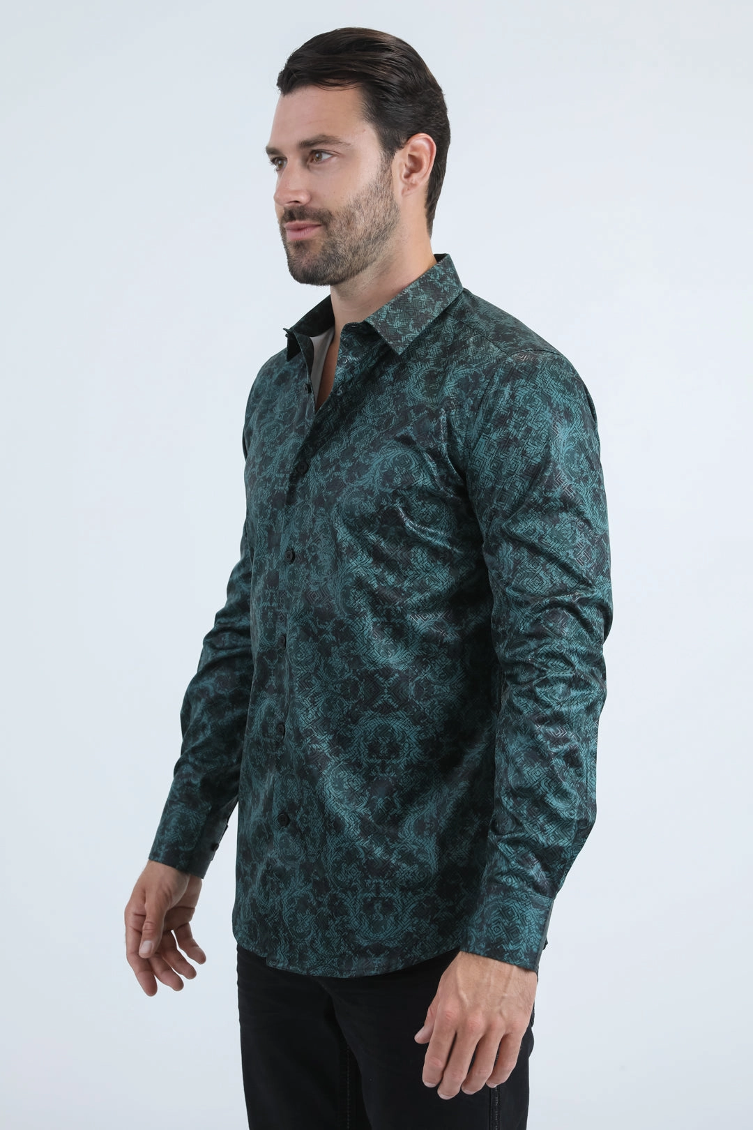 Mens Modern Fit Stretch Foil Fashion Green Shirt Vibrant color Airflow Ventilation System