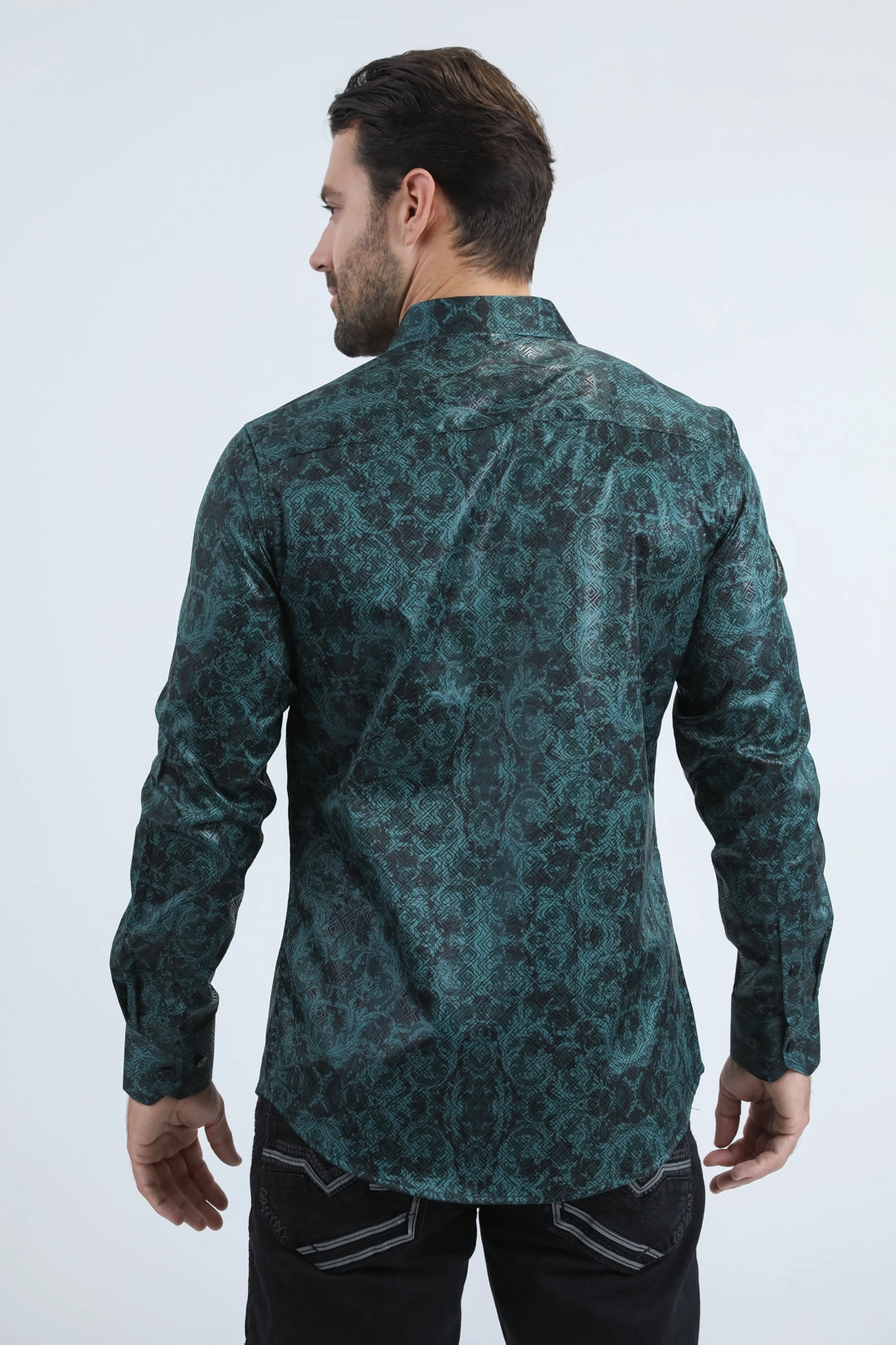 Fashion staples Tagless label Mens Modern Fit Stretch Foil Fashion Green Shirt