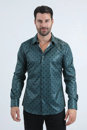 Mens Modern Fit Stretch Foil Fashion Green Shirt Contemporary Look Summer Fashion