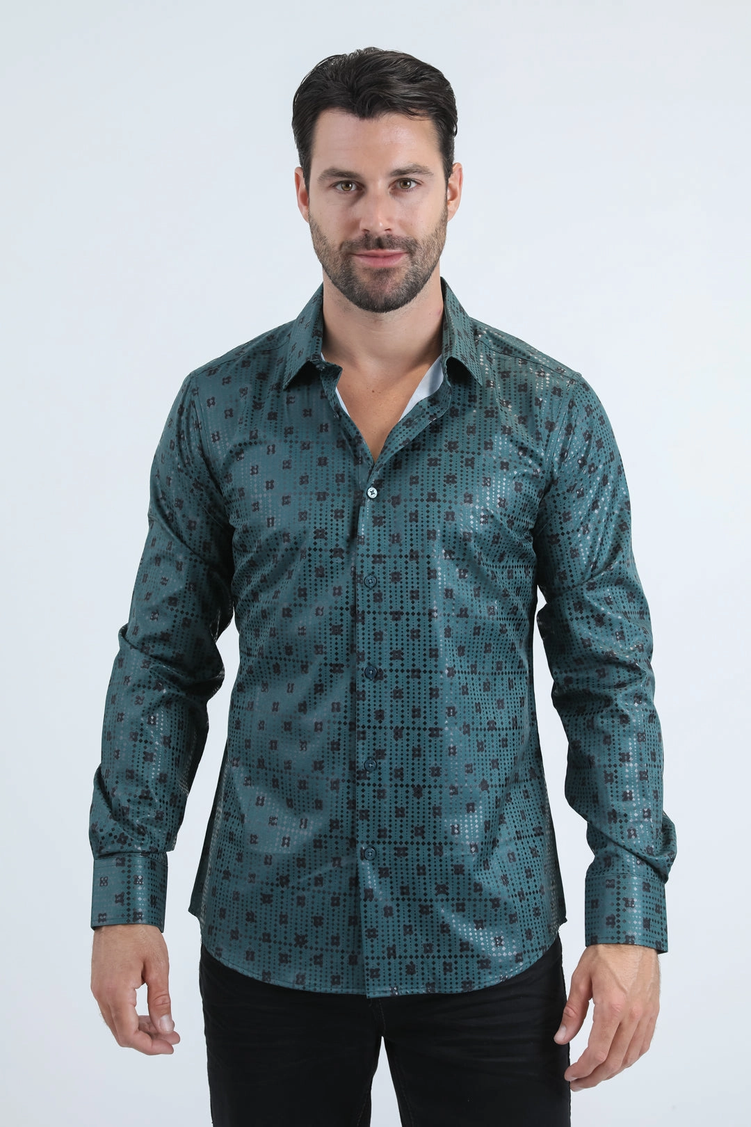 Mens Modern Fit Stretch Foil Fashion Green Shirt Contemporary Look Summer Fashion