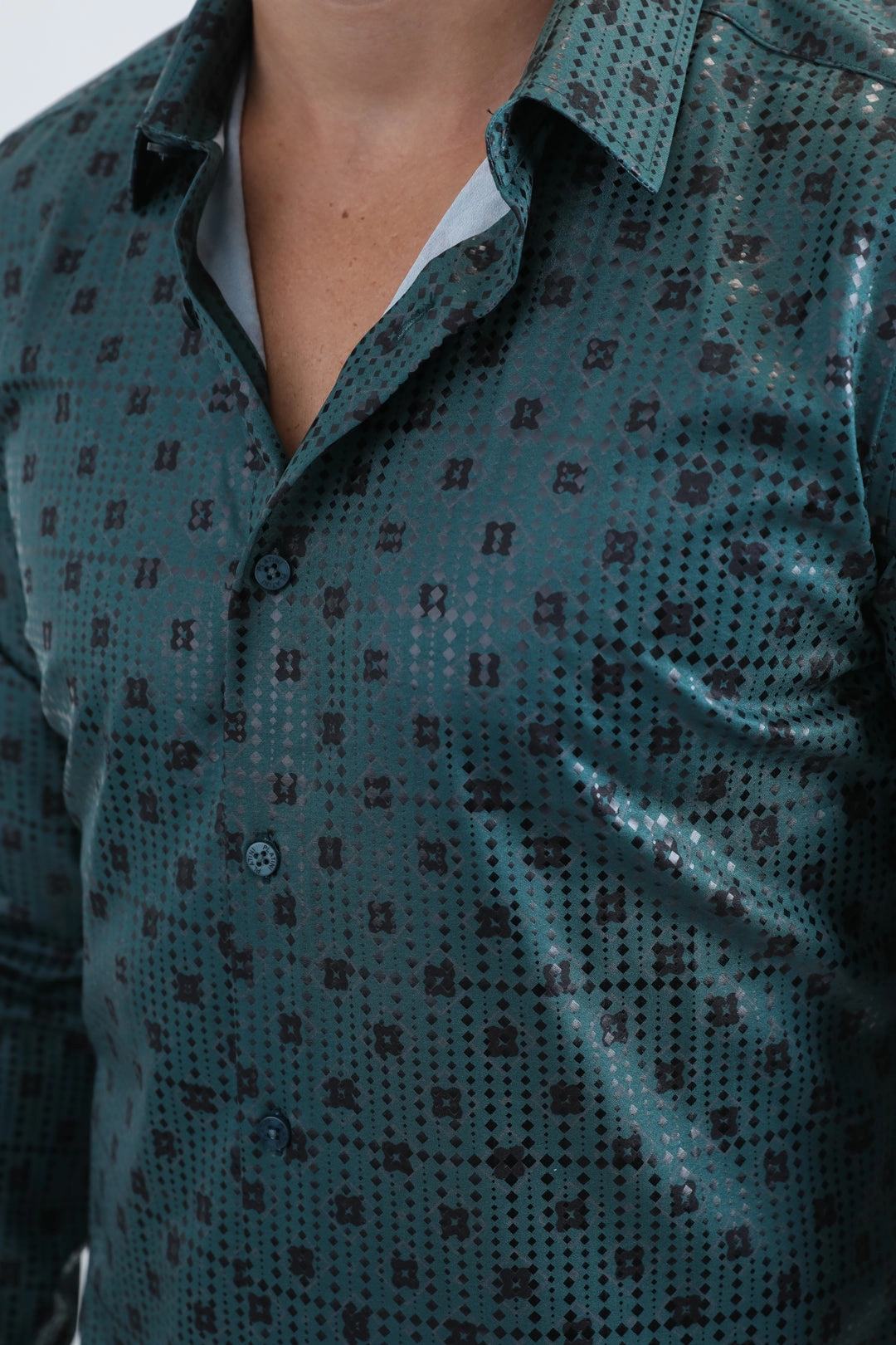 Mens Modern Fit Stretch Foil Fashion Green Shirt Anti Static Lining