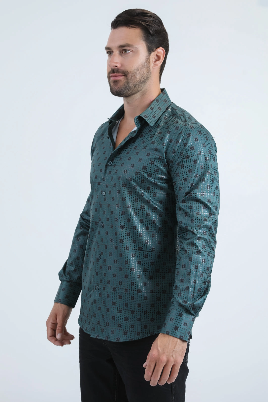 Quality Material Mens Modern Fit Stretch Foil Fashion Green Shirt
