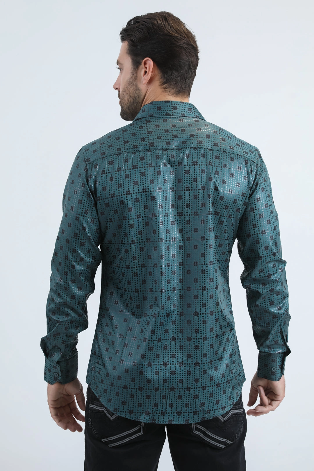 Mens Modern Fit Stretch Foil Fashion Green Shirt Reinforced Shoulders
