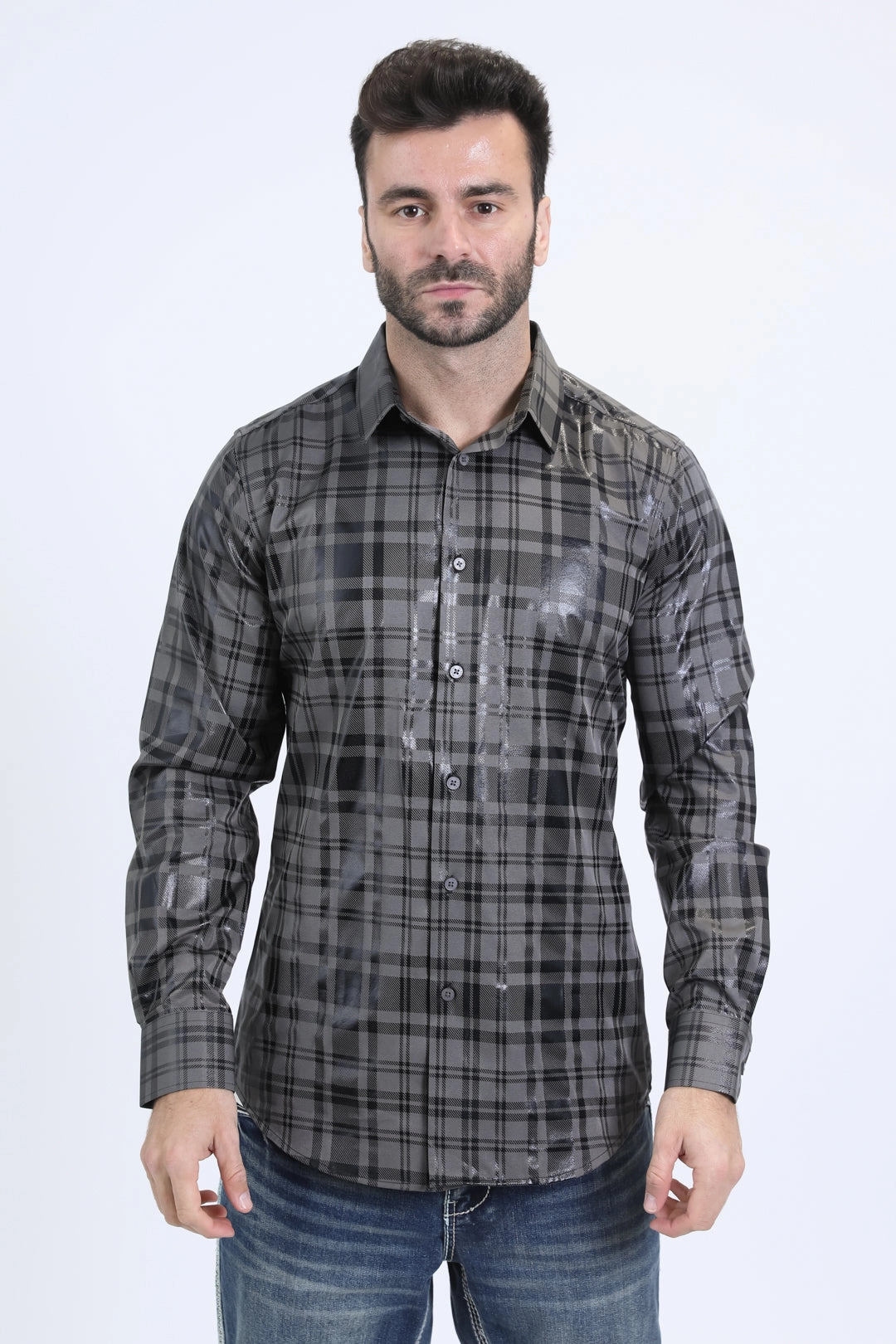 Mens Modern Fit Stretch Foil Fashion Grey Shirt Social Meetup