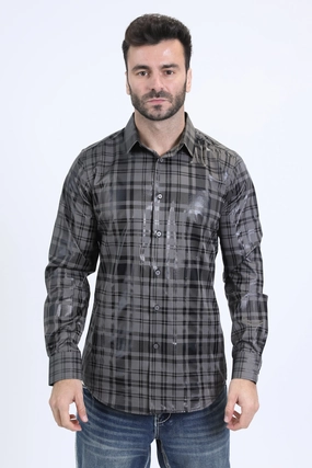 Mens Modern Fit Stretch Foil Fashion Grey Shirt Social Meetup