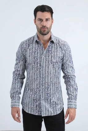 Mens Modern Fit Stretch Foil Fashion Grey Shirt Comfortable Design Checkered Style