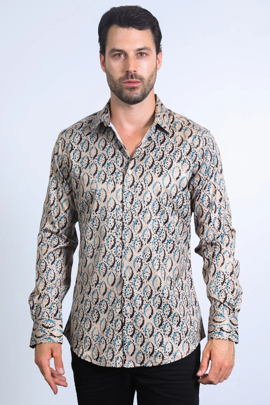 Fitted Silhouette Summer Vibes Mens Modern Fit Stretch Foil Fashion Khaki Shirt