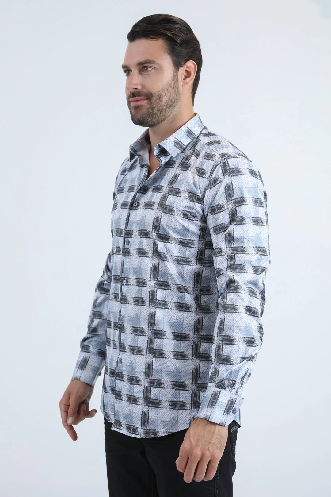 Essential Wardrobe Tagless label Mens Modern Fit Stretch Foil Fashion Lt. Grey Shirt