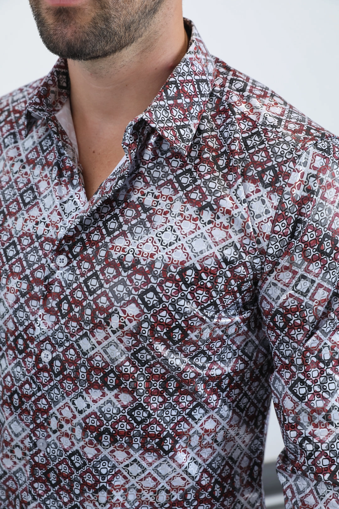 Mens Modern Fit Stretch Foil Fashion Lt. Grey Shirt Geometric Print Festival Fashion