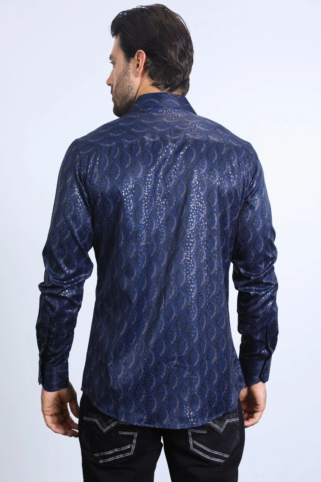 Anti Pill Treatment Fashion Choice Mens Modern Fit Stretch Foil Fashion Navy Shirt