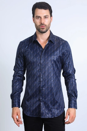 Mens Modern Fit Stretch Foil Fashion Navy Shirt Urban Comfort Weekend Adventure