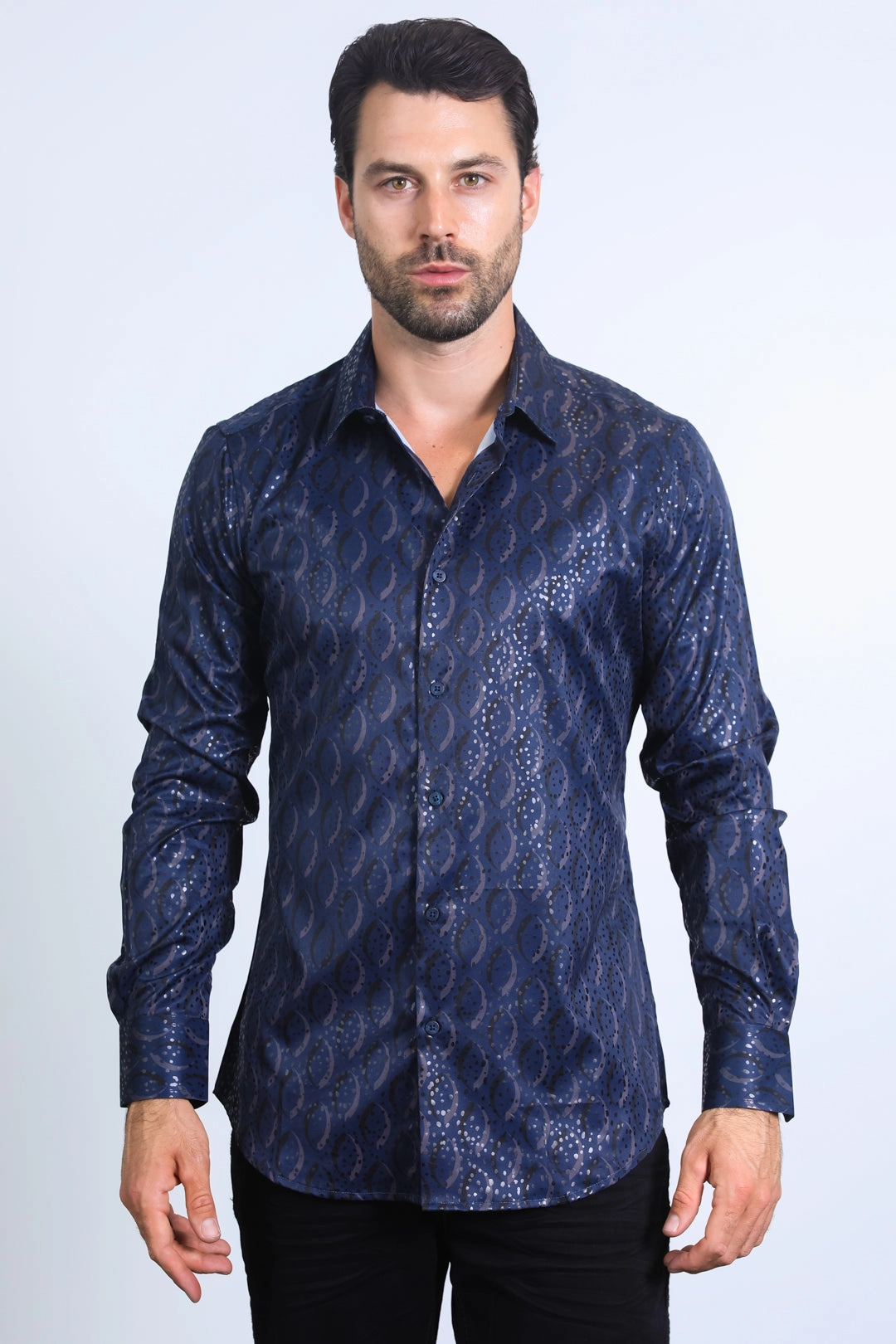 Mens Modern Fit Stretch Foil Fashion Navy Shirt Urban Comfort Weekend Adventure